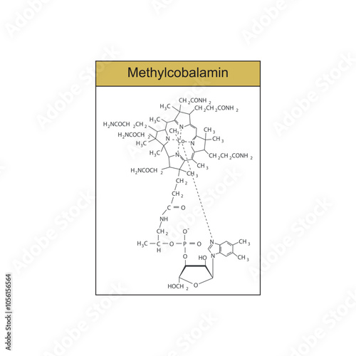 Methylcobalamin skeletal structure diagram.Vitamin B12 compound molecule scientific illustration.