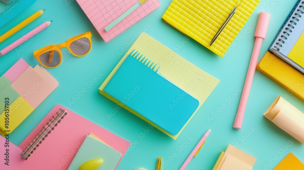 A mix of vibrant desks and colorful stationery on a smooth A mix of vibrant desks and colorful stationery on a smooth