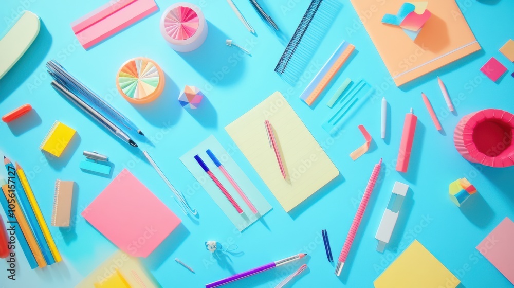 A mix of vibrant desks and colorful stationery on a smooth A mix of vibrant desks and colorful stationery on a smooth