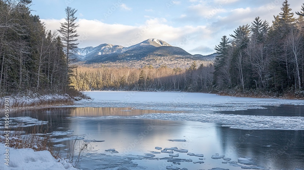 Fototapeta premium A frozen lake with a snowy mountain in the background