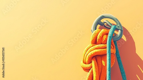   A yellow rope and a blue rope dangle from a hook on a yellow wall with a steering wheel shadow below photo