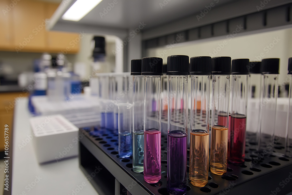 a professional laboratory setup with a focus on a set of transparent test tubes a professional laboratory setup with a focus on a set of transparent test tubes