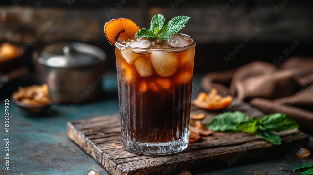 A rustic setting with a glass of iced tamarind juice, garnished with A rustic setting with a glass of iced tamarind juice, garnished with