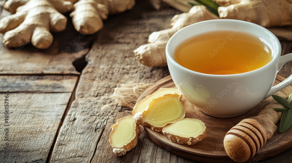 A rustic wooden table with a cup of warm ginger tea, honey on the side, A rustic wooden table with a cup of warm ginger tea, honey on the side,