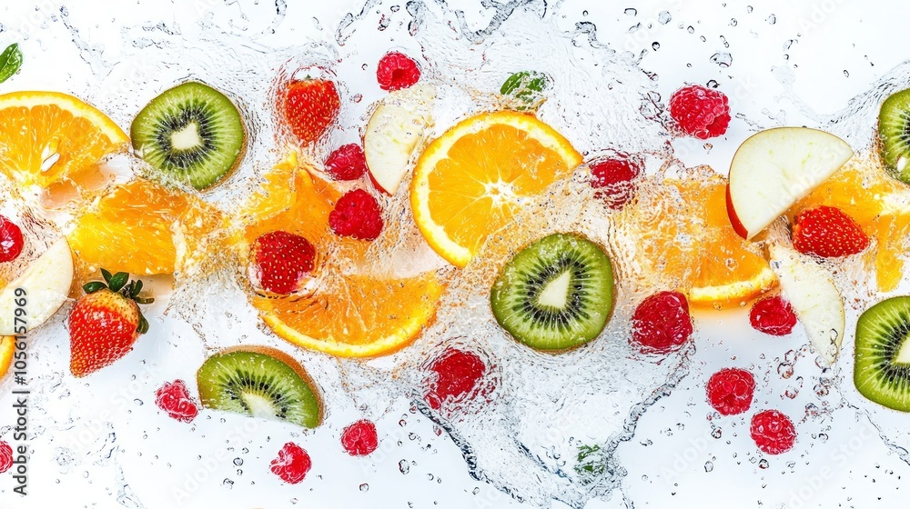 Fresh fruits like kiwi, orange, apple, and strawberries are splashed in water, creating a vibrant and refreshing scene. Fresh fruits like kiwi, orange, apple, and strawberries are splashed in water, creating a vibrant and refreshing scene.