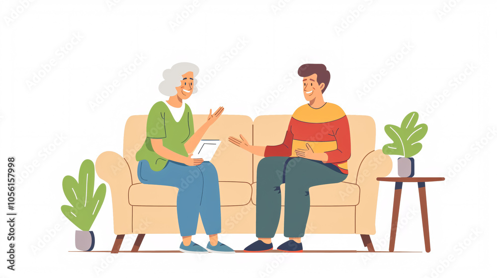 Cheerful elderly woman sitting on the sofa next to her adult son. Adult son and mom talk to each other. Cheerful elderly woman sitting on the sofa next to her adult son. Adult son and mom talk to each other.