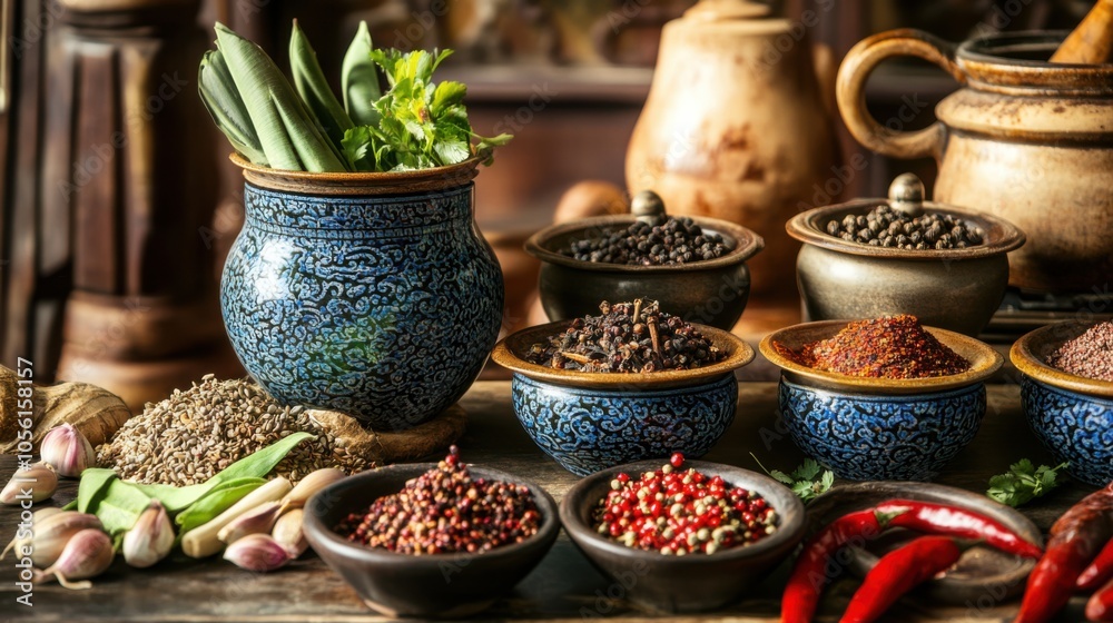 A selection of Thai herbs and spices displayed with traditional Thai cookware A selection of Thai herbs and spices displayed with traditional Thai cookware