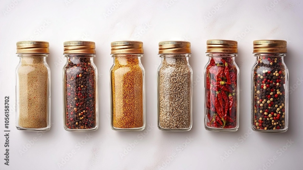 Row of glass jars holding various spices on white counter, adjacent to white wall Row of glass jars holding various spices on white counter, adjacent to white wall