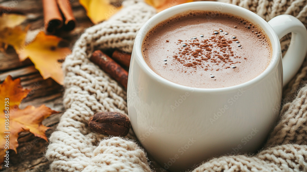 White cup filled with hot cocoa cozy vibes White cup filled with hot cocoa cozy vibes