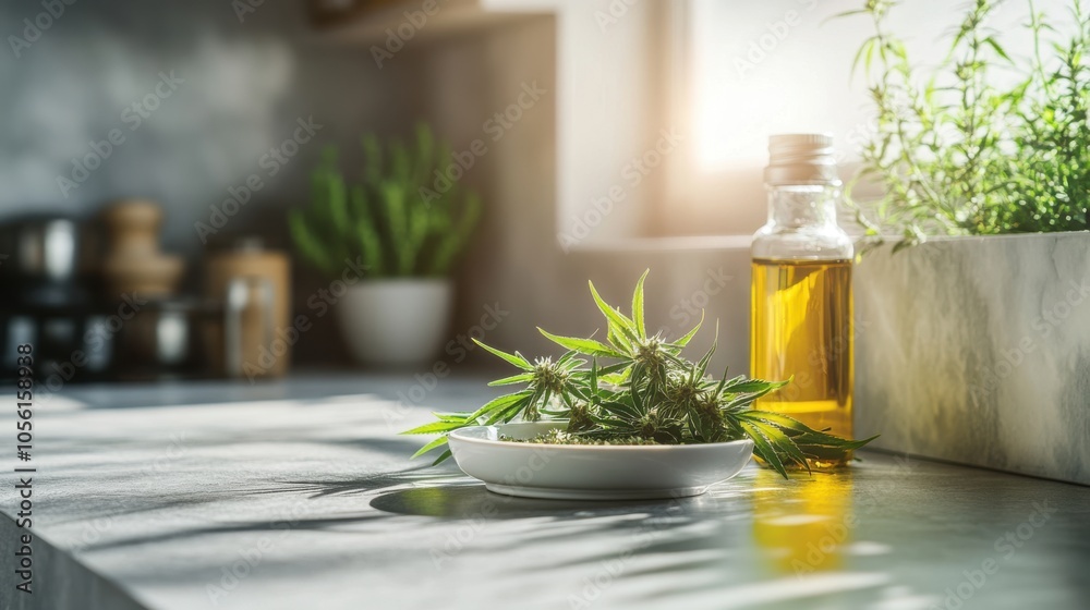 A stylish presentation of CBD oil in a modern kitchen, A stylish presentation of CBD oil in a modern kitchen,