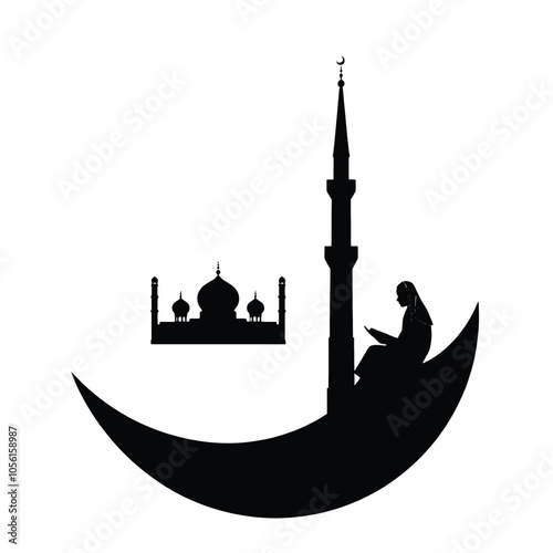 a black silhouette of a crescent moon with a mosque on top of it.