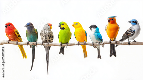 A variety of colorful birds neatly arranged on a clean white background