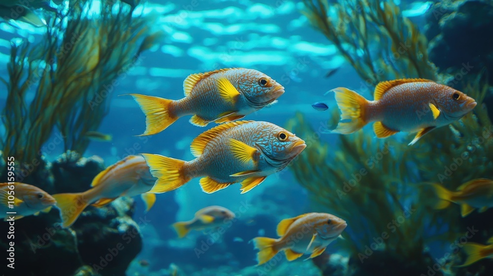 Obraz premium Colorful fish swimming in a vibrant underwater habitat with seaweed at midday