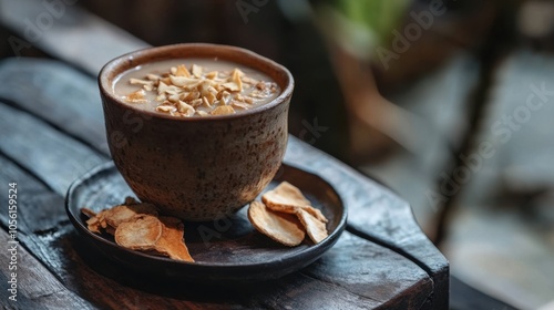 A traditional Thai drink made from bael fruit, served in an earthenware cup with a side