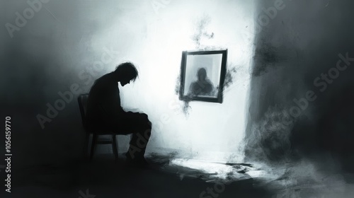 A solitary figure sits on a chair, contemplating reflections in a dimly lit room filled with shadows and ethereal light