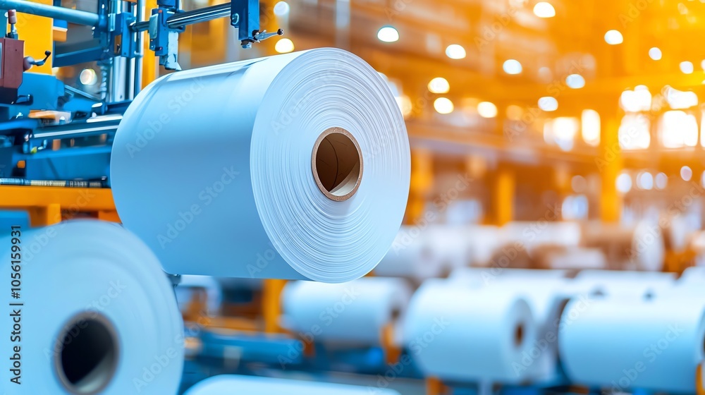 Close-up of large paper rolls in a modern industrial facility, showcasing efficient production and specialized equipment. Close-up of large paper rolls in a modern industrial facility, showcasing efficient production and specialized equipment.