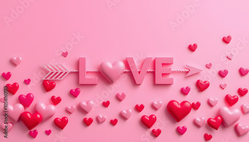 beautiful pink valentine background with love arrows and many hearts isolated with white highlights, png