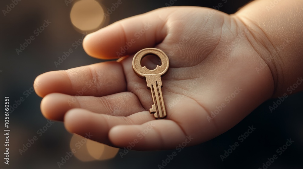 on a small child's palm lies a beautiful golden key, on a small child's palm lies a beautiful golden key,