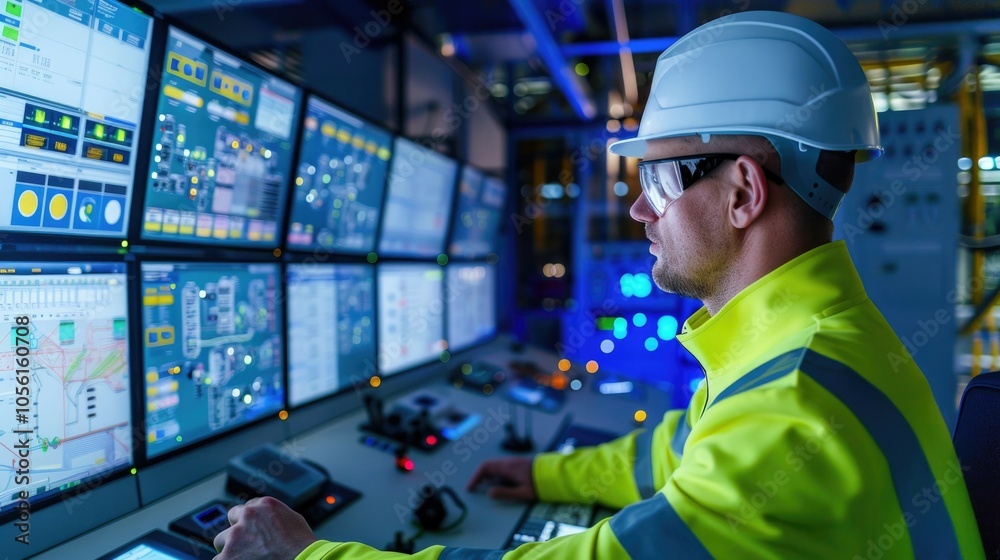 Engineer monitoring industrial control room with advanced technology Engineer monitoring industrial control room with advanced technology
