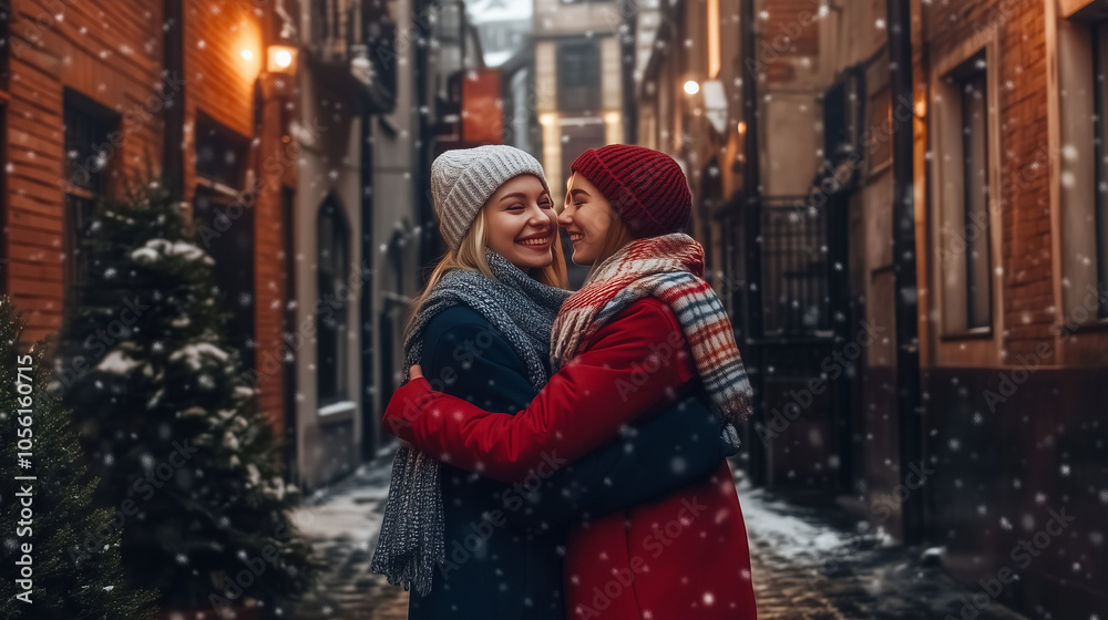 A Joyful Winter Reunion: Heartfelt Embrace of Two Loving Women Amidst a Cozy, Snowy Setting Celebrating Love and Connection