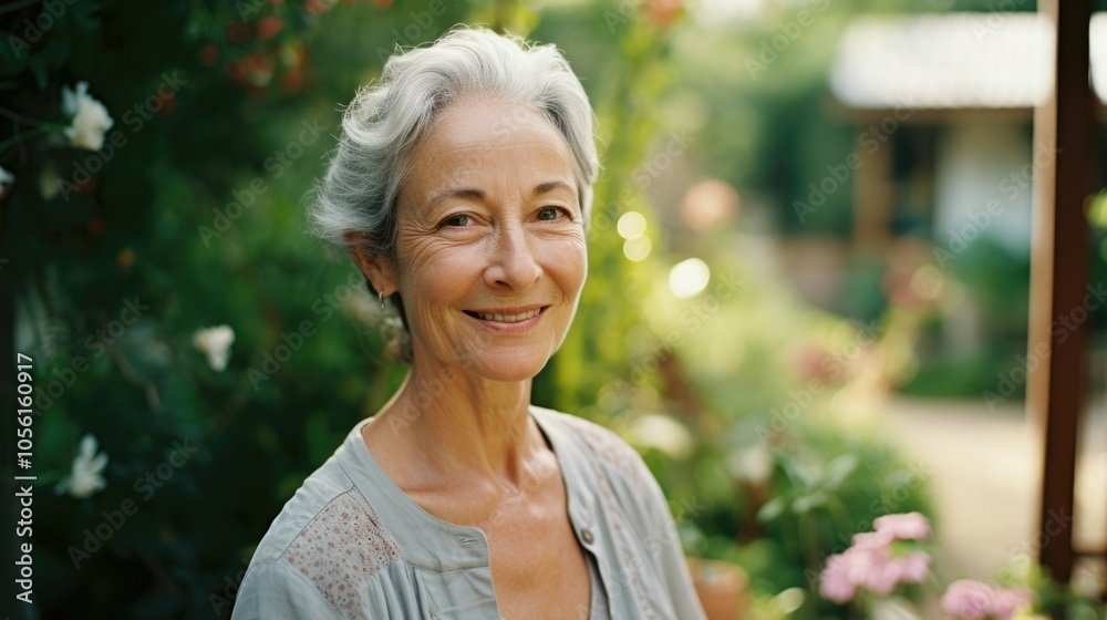 Joyful elderly woman smiling in lush garden setting on a sunny day Joyful elderly woman smiling in lush garden setting on a sunny day