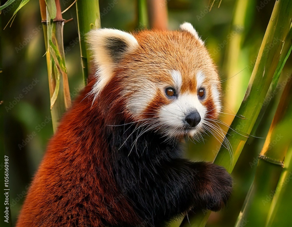 Naklejka premium a red panda climbing bamboo in the Himalaya Forest