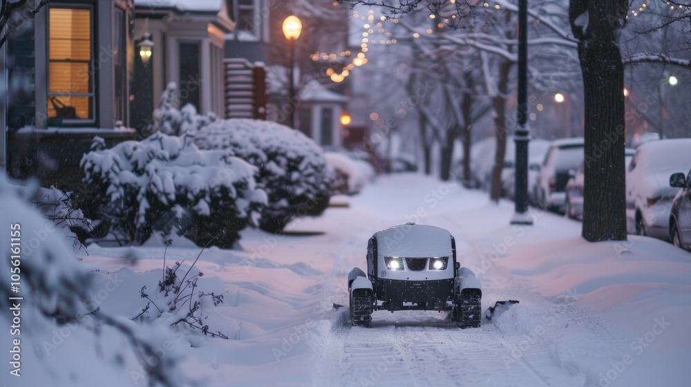 Autonomous delivery robot navigating a snowy neighborhood in winter evening Autonomous delivery robot navigating a snowy neighborhood in winter evening