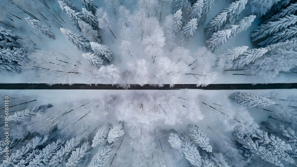 Aerial View of Snow-Covered Forest with Road Dividing Frosted Trees in Winter Wonderland Aerial View of Snow-Covered Forest with Road Dividing Frosted Trees in Winter Wonderland