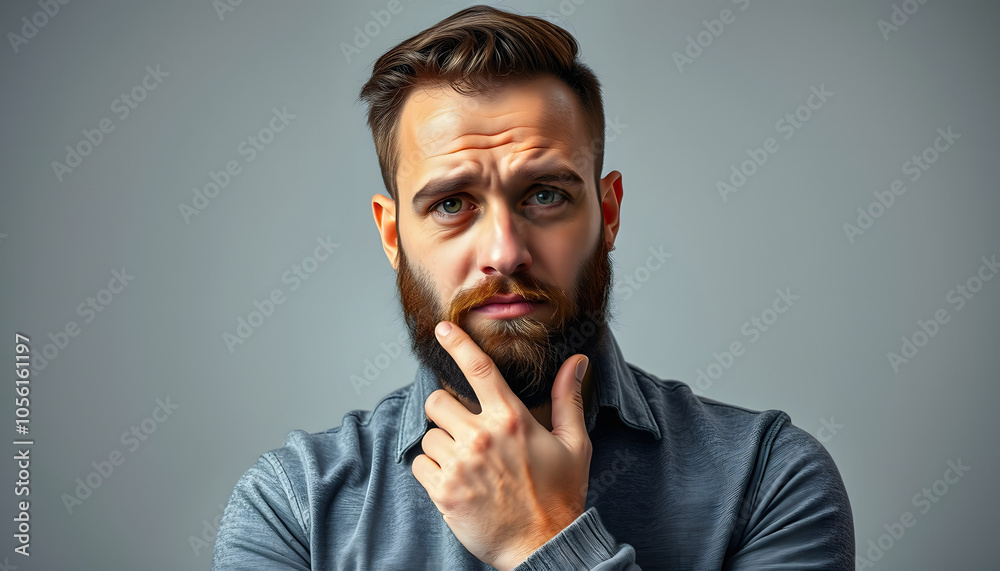 Difficult times. Portrait of a cheerless sad bearded man holding his hand together while thinking about his problems isolated with white highlights, png