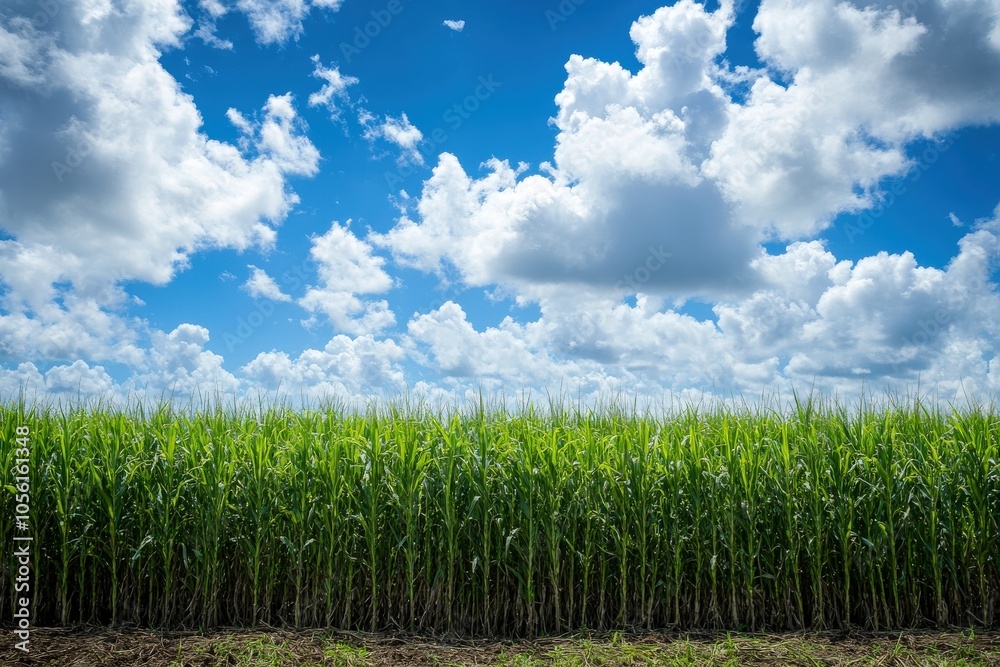 Obraz premium Lush Green Cornfield Against a Blue Sky with Fluffy White Clouds
