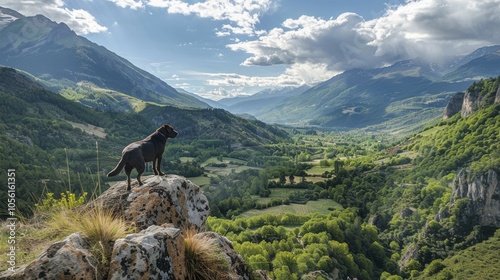 A picturesque mountain landscape with a dog standing on a rock, overlooking a valley photo