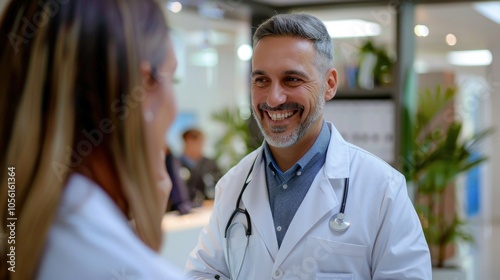 Happy doctors conversing in a bright medical office