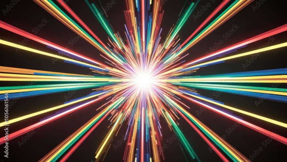 Neon light streaks radiating from the center on a dark background Neon light streaks radiating from the center on a dark background