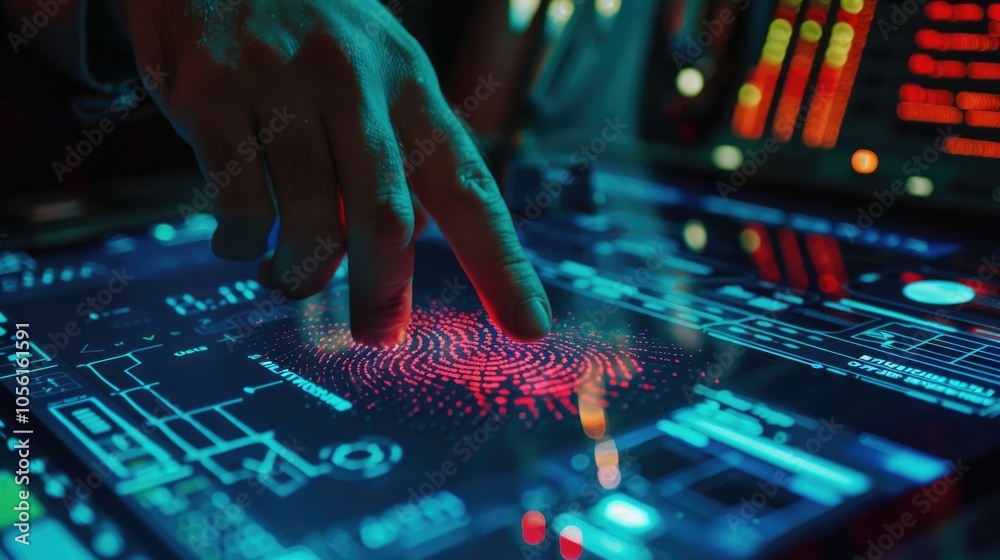 Futuristic touchscreen interface with vibrant fingerprint technology in action