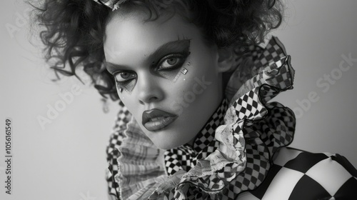 Monochrome artistic clown with dramatic makeup and checkerboard costume photo