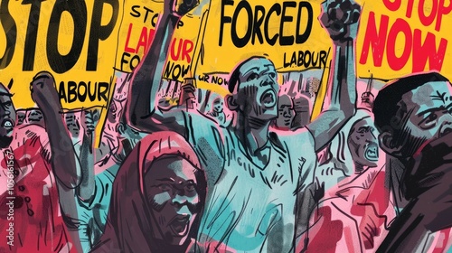 Vibrant protest against forced labor with diverse group of activists holding bold signs