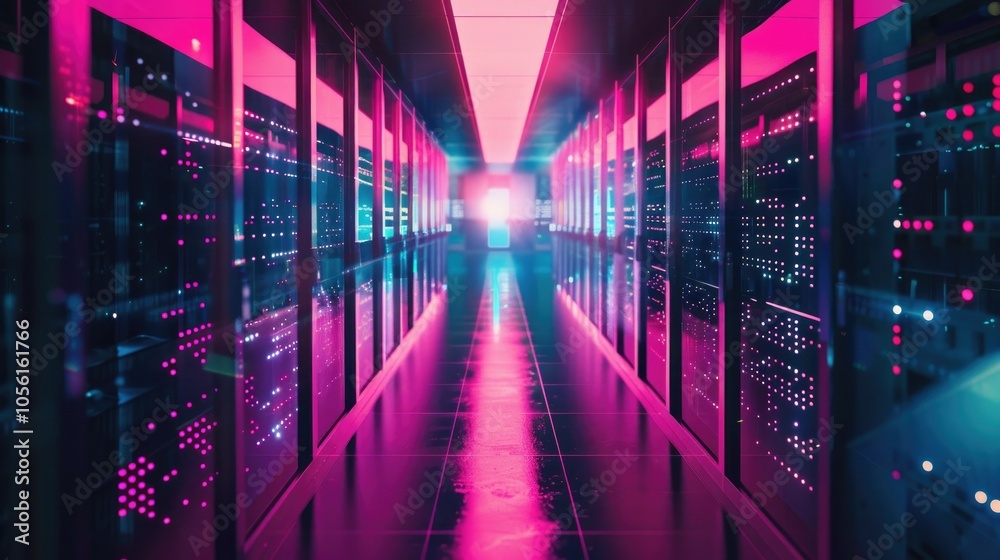 Fototapeta premium Futuristic neon data center corridor with vibrant pink and blue led lights