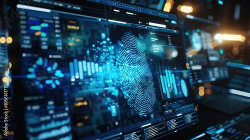 Wallpaper Mural Futuristic digital interface featuring biometric fingerprint scan and data visualization Torontodigital.ca