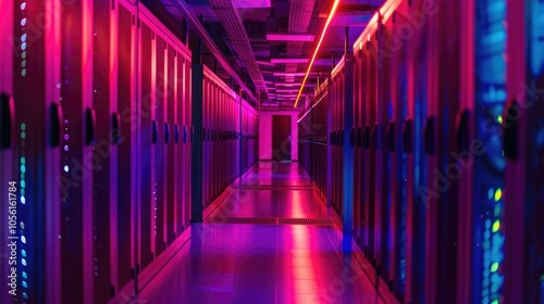 Vibrant neon data center corridor illuminated with futuristic lights