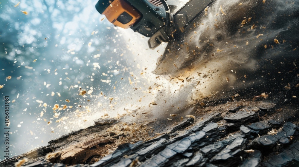 Dynamic chainsaw action as wood chips fly in a flurry of sawdust Dynamic chainsaw action as wood chips fly in a flurry of sawdust