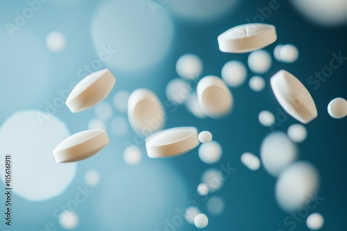 Pills cascading on a blue surface with ample copy space and a soft bokeh effect background