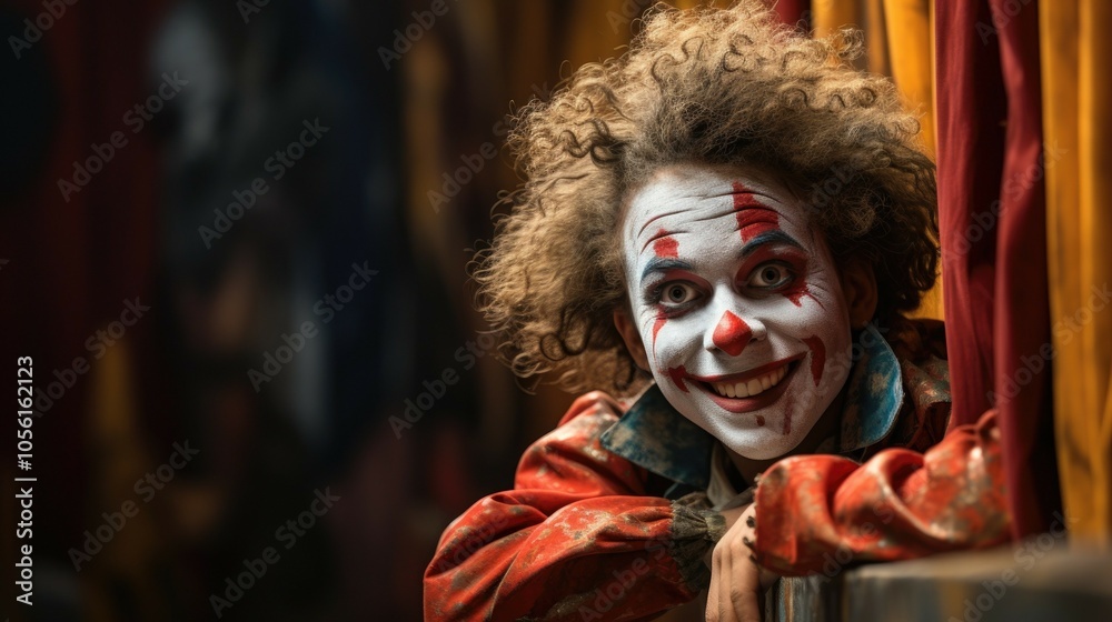 Vibrant clown in colorful costume with playful expression at circus Vibrant clown in colorful costume with playful expression at circus