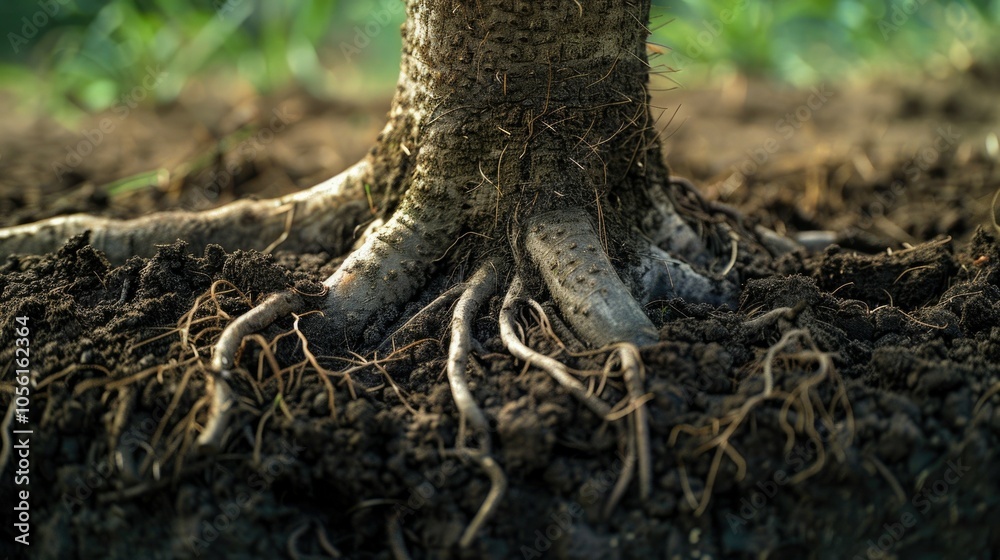 Close-up of tree roots in rich soil with lush green background Close-up of tree roots in rich soil with lush green background