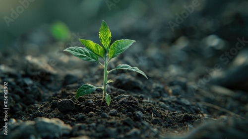 Young seedling growing from dark soil in a natural environment