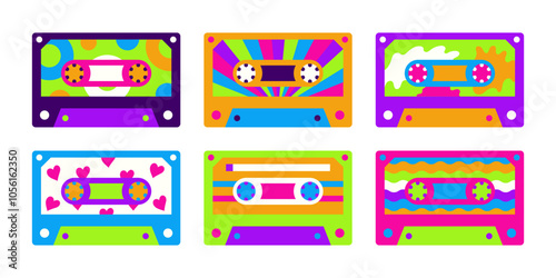 Music tapes in retro style vector collection isolated on white. Psychedelic audio tapes records