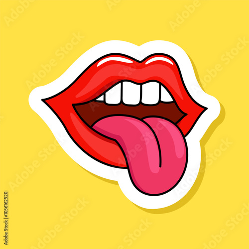 Red lips sticker in retro style vector illustration on yellow background. Lips and tongue cartoon picture