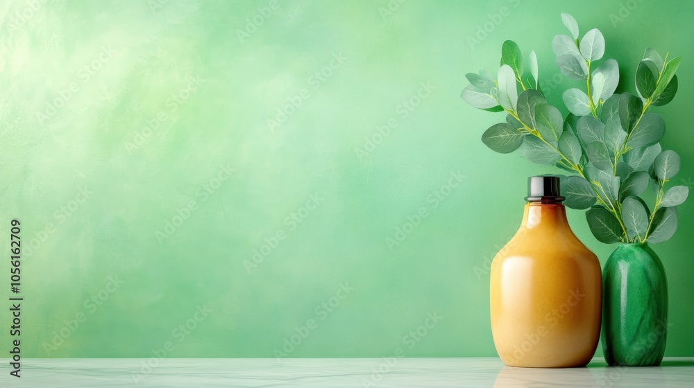 Elegant vases with eucalyptus leaves against a soft green background, AI Elegant vases with eucalyptus leaves against a soft green background, AI