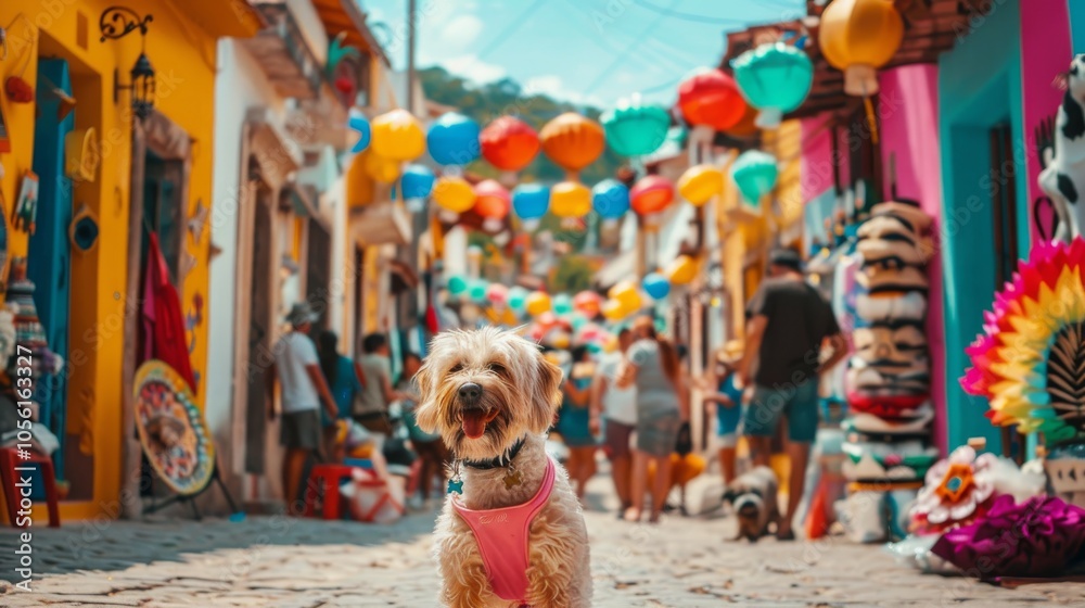 A vibrant street festival with a dog enjoying the sights, people and decorations around