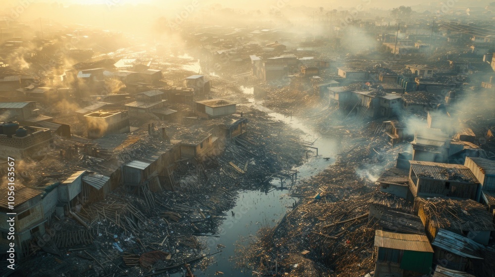 Morning light over foggy urban landscape with river and wooden structures Morning light over foggy urban landscape with river and wooden structures