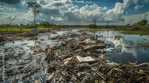 Devastated landscape with debris in polluted wetland under overcast sky photo